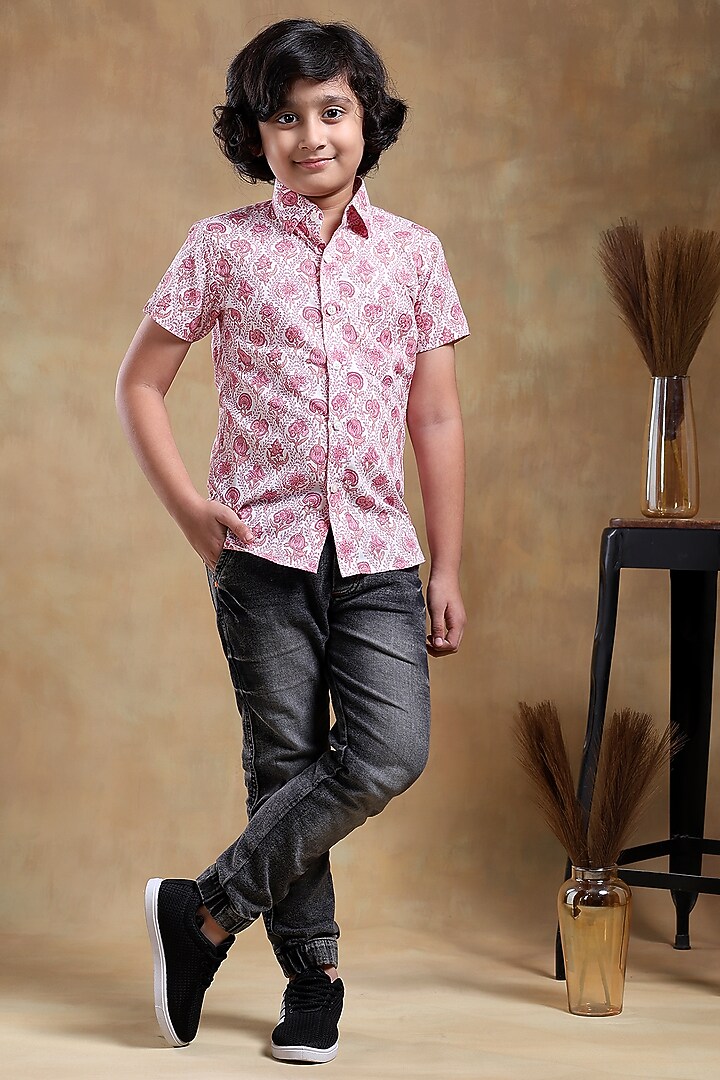 Pink Cotton Hand Block Printed Shirt For Boys by POMCHA at Pernia's Pop Up Shop