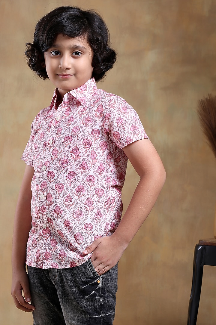Pink Cotton Hand Block Printed Shirt For Boys by POMCHA at Pernia's Pop Up Shop