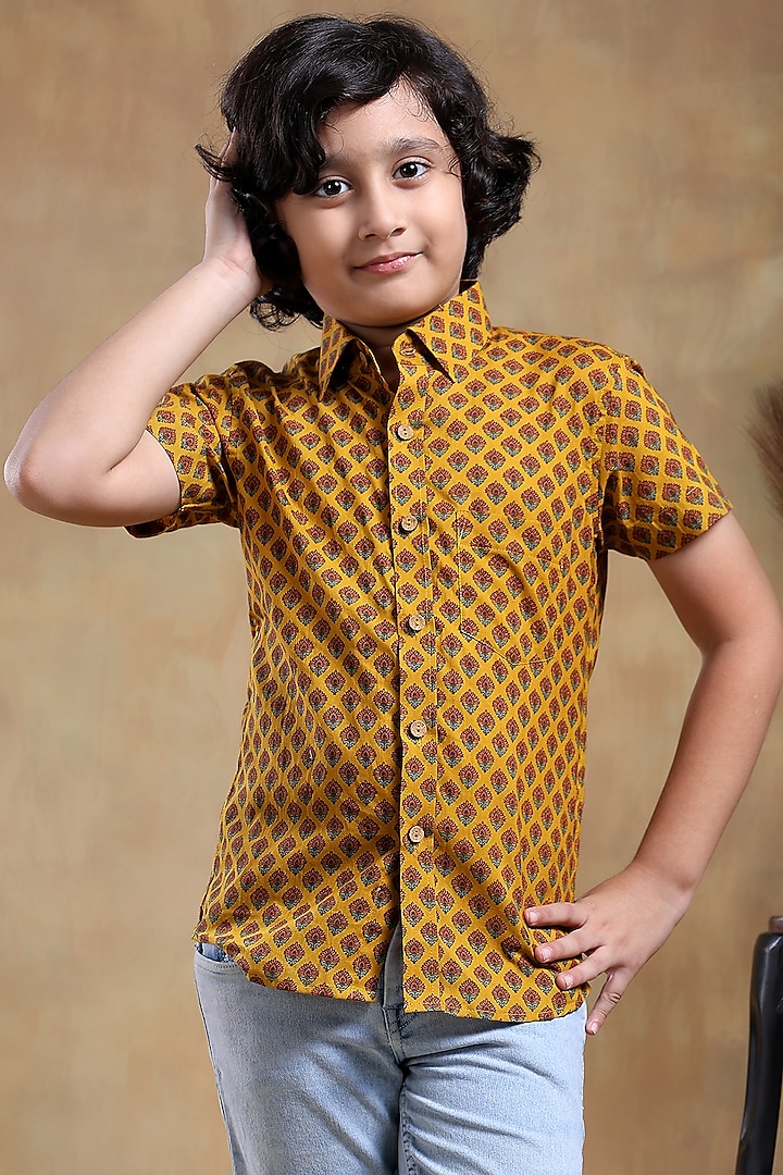 Mustard Cotton Hand Block Printed Shirt For Boys by POMCHA