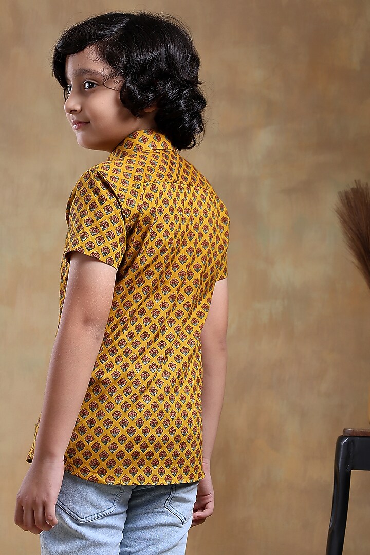 Mustard Cotton Hand Block Printed Shirt For Boys by POMCHA at Pernia's Pop Up Shop