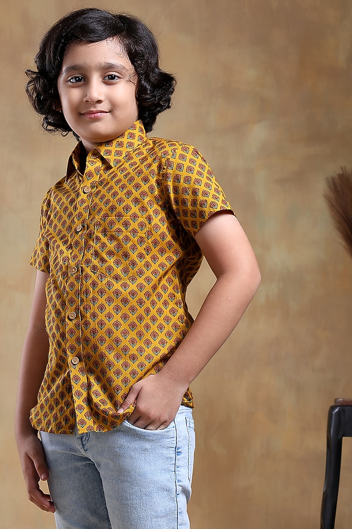 Mustard Cotton Hand Block Printed Shirt For Boys by POMCHA at Pernia's Pop Up Shop