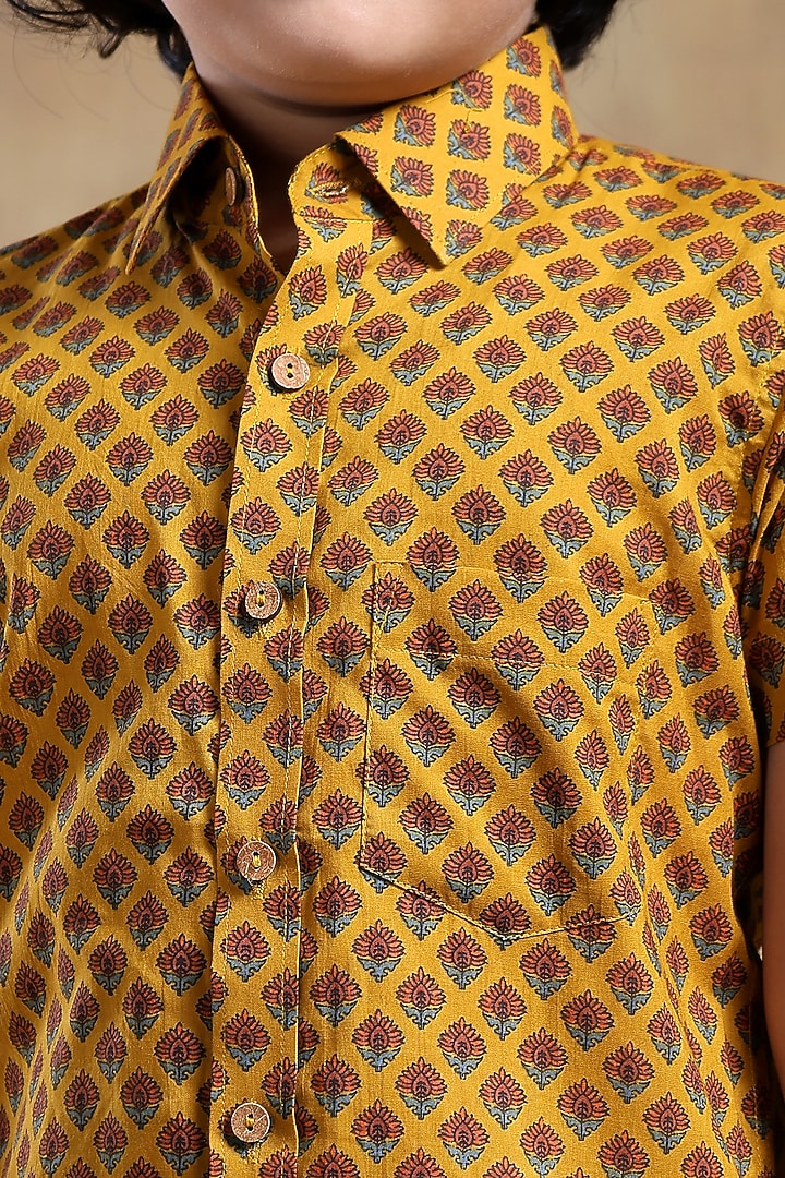 Mustard Cotton Hand Block Printed Shirt For Boys by POMCHA at Pernia's Pop Up Shop