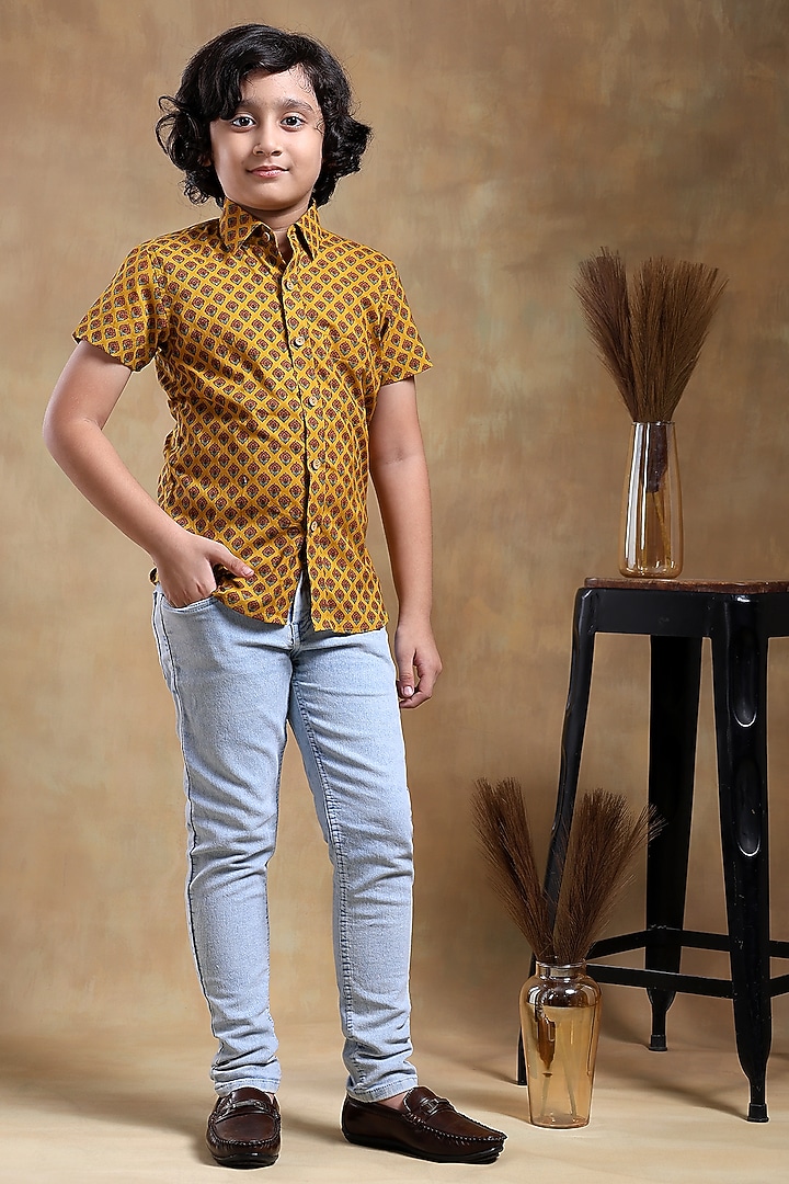 Mustard Cotton Hand Block Printed Shirt For Boys by POMCHA at Pernia's Pop Up Shop