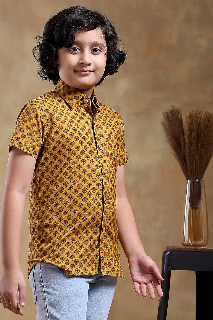 Mustard Cotton Hand Block Printed Shirt For Boys by POMCHA at Pernia's Pop Up Shop