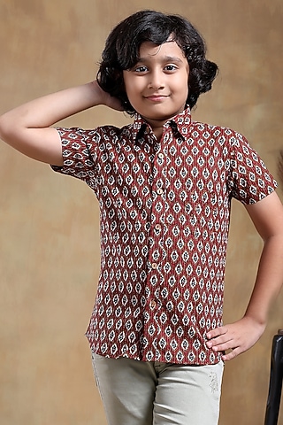 Maroon Cotton Hand Block Printed Shirt For Boys by POMCHA