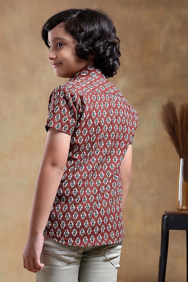 Maroon Cotton Hand Block Printed Shirt For Boys by POMCHA at Pernia's Pop Up Shop