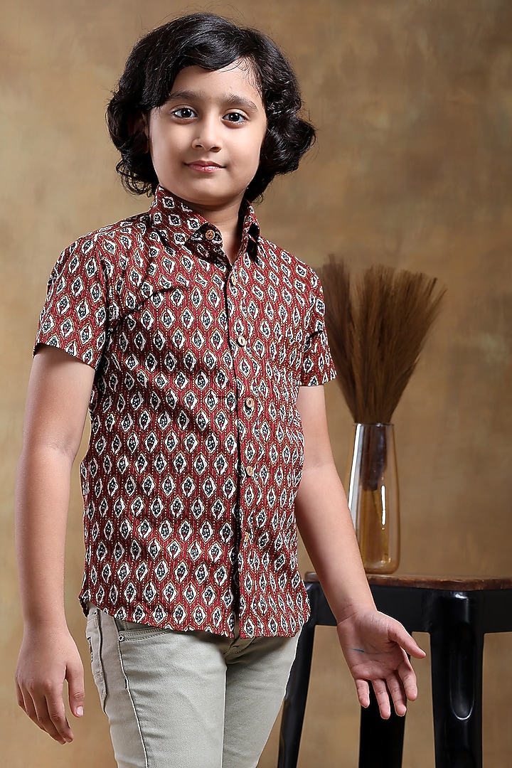 Maroon Cotton Hand Block Printed Shirt For Boys by POMCHA at Pernia's Pop Up Shop