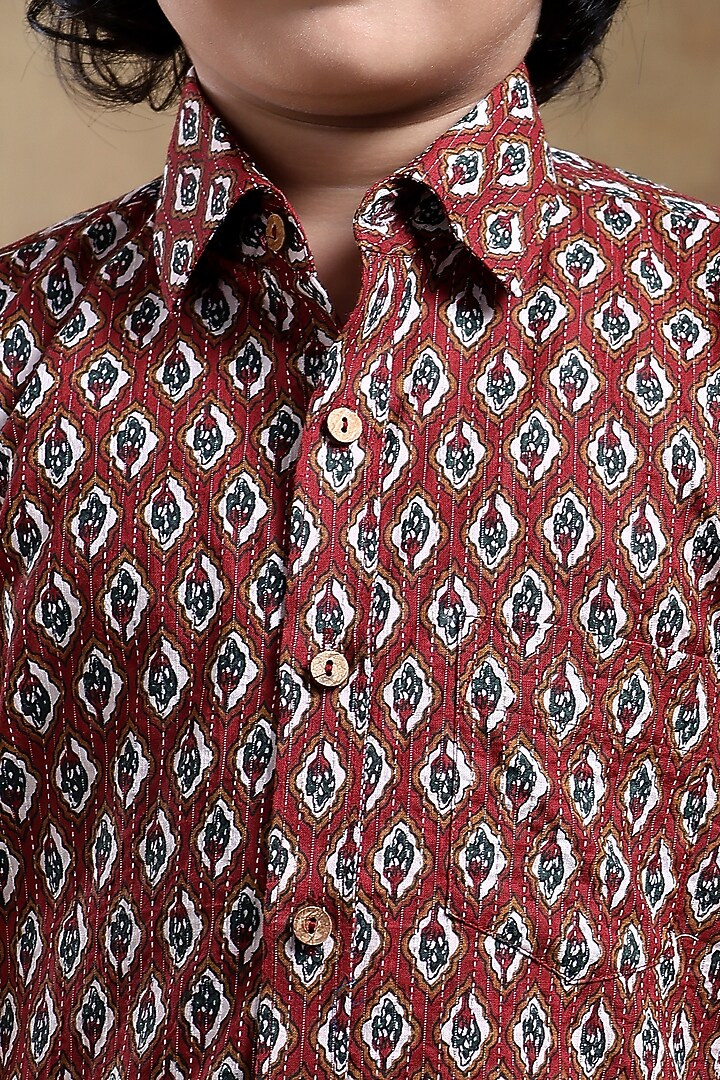 Maroon Cotton Hand Block Printed Shirt For Boys by POMCHA at Pernia's Pop Up Shop