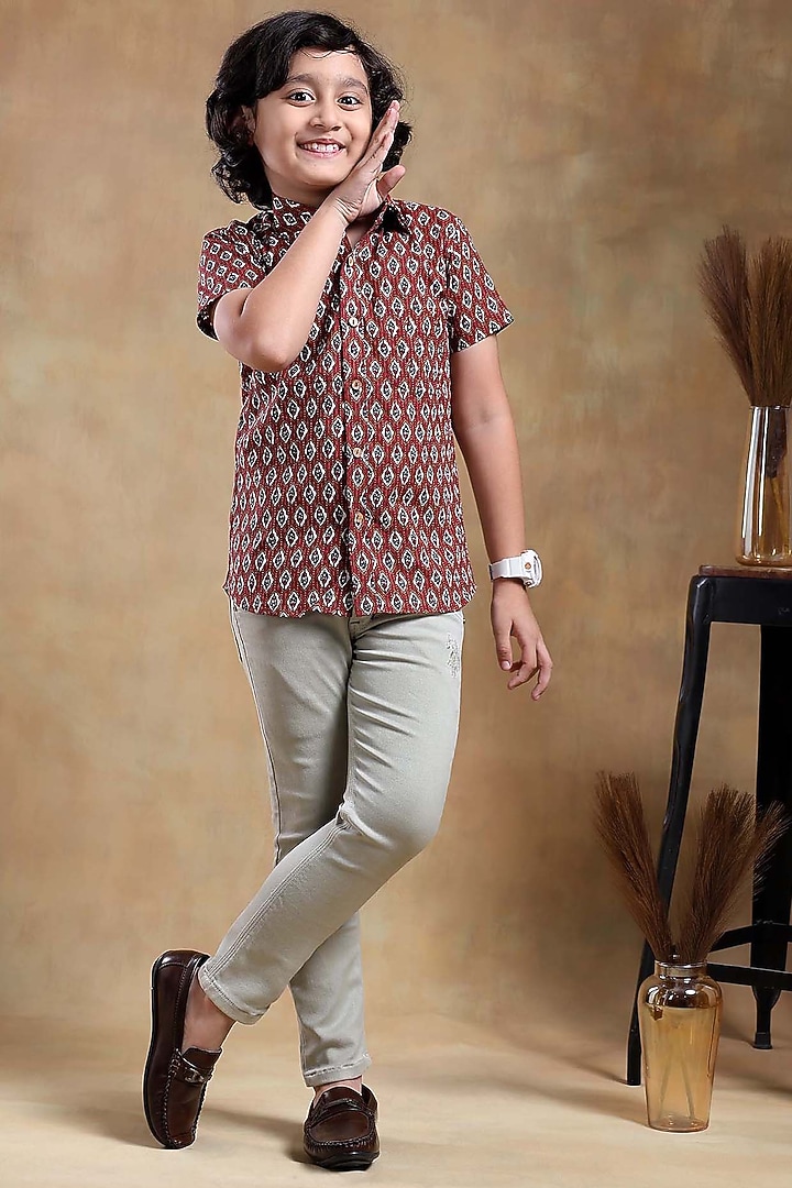 Maroon Cotton Hand Block Printed Shirt For Boys by POMCHA at Pernia's Pop Up Shop