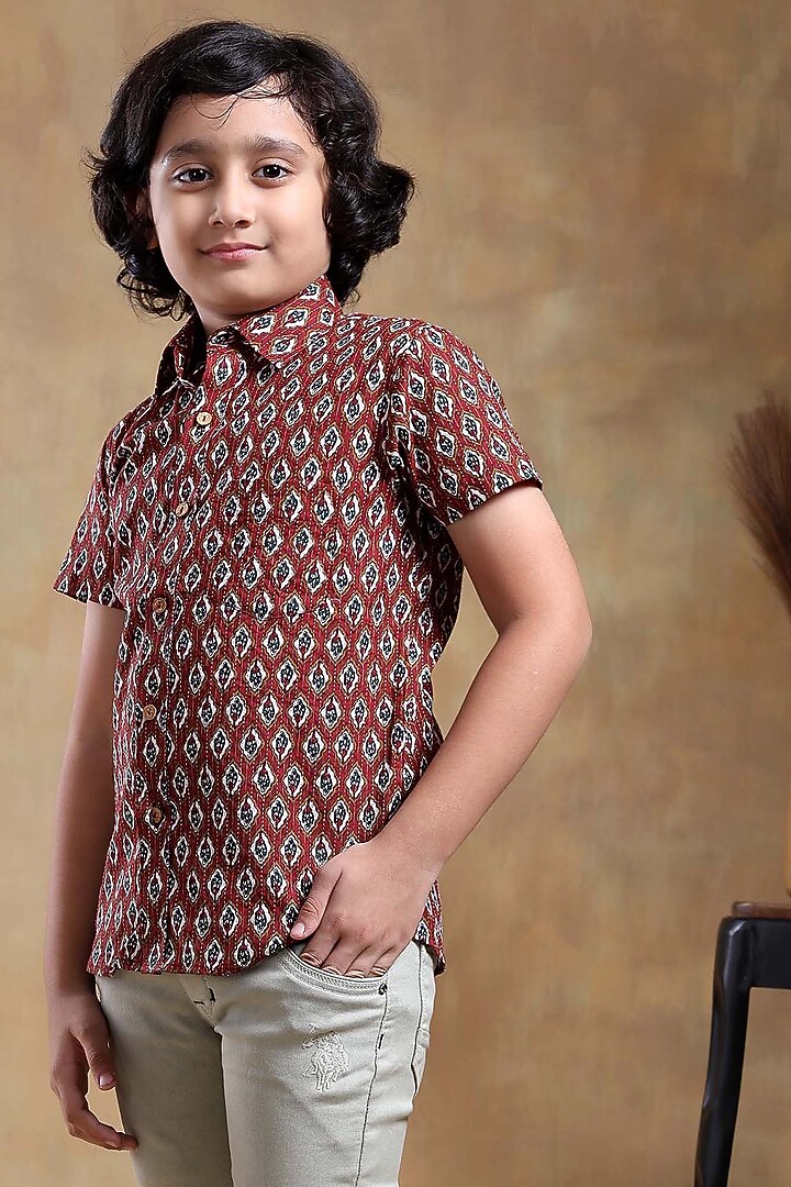 Maroon Cotton Hand Block Printed Shirt For Boys by POMCHA at Pernia's Pop Up Shop