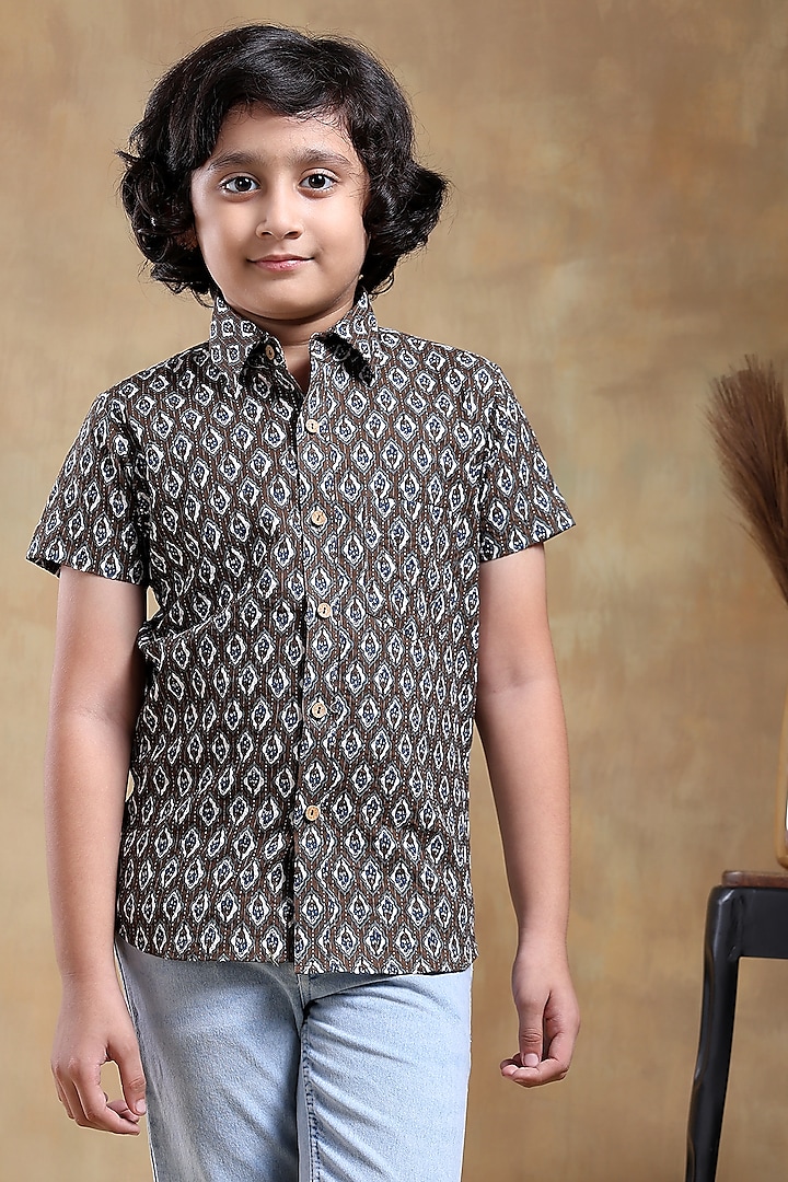 Brown Cotton Hand Block Printed Shirt For Boys by POMCHA