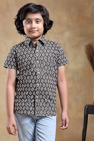 Brown Cotton Hand Block Printed Shirt For Boys by POMCHA