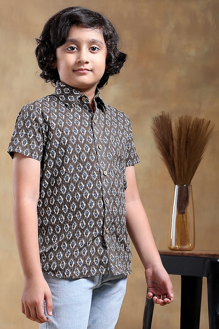 Brown Cotton Hand Block Printed Shirt For Boys by POMCHA at Pernia's Pop Up Shop
