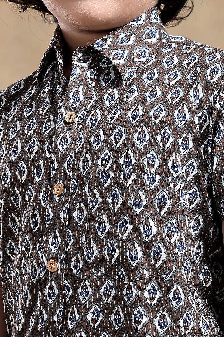 Brown Cotton Hand Block Printed Shirt For Boys by POMCHA at Pernia's Pop Up Shop