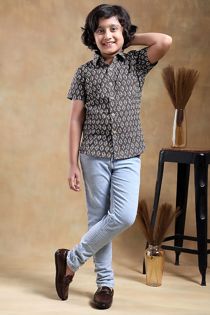 Brown Cotton Hand Block Printed Shirt For Boys by POMCHA at Pernia's Pop Up Shop