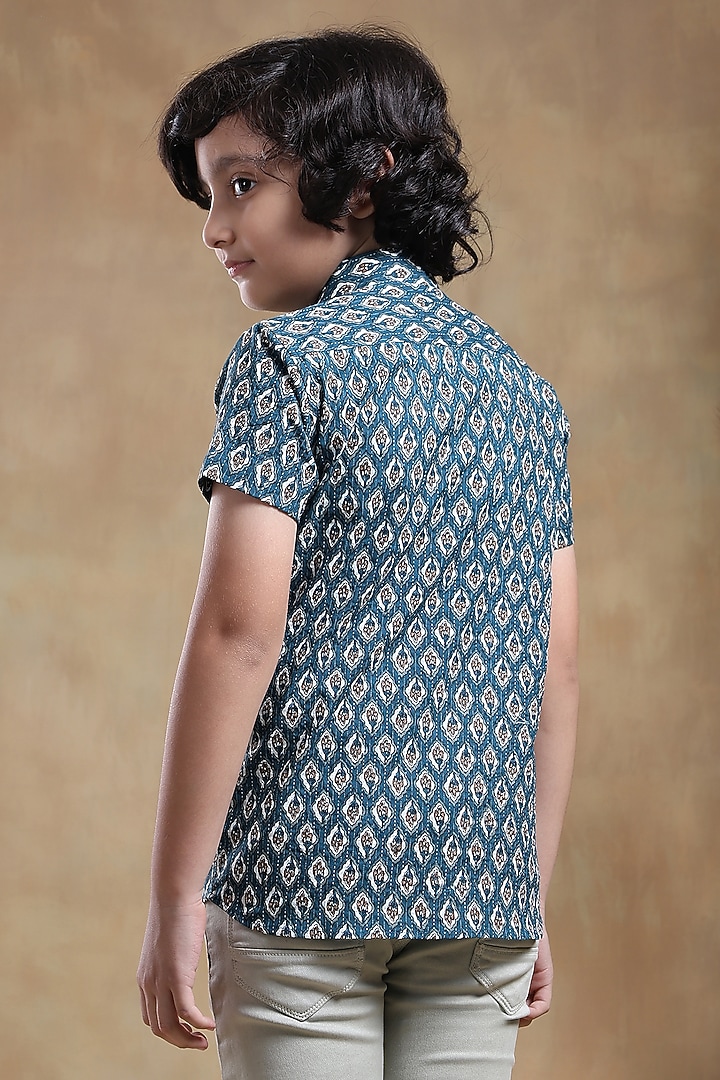 Blue Cotton Hand Block Printed Shirt For Boys by POMCHA at Pernia's Pop Up Shop