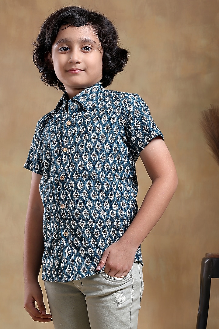 Blue Cotton Hand Block Printed Shirt For Boys by POMCHA at Pernia's Pop Up Shop