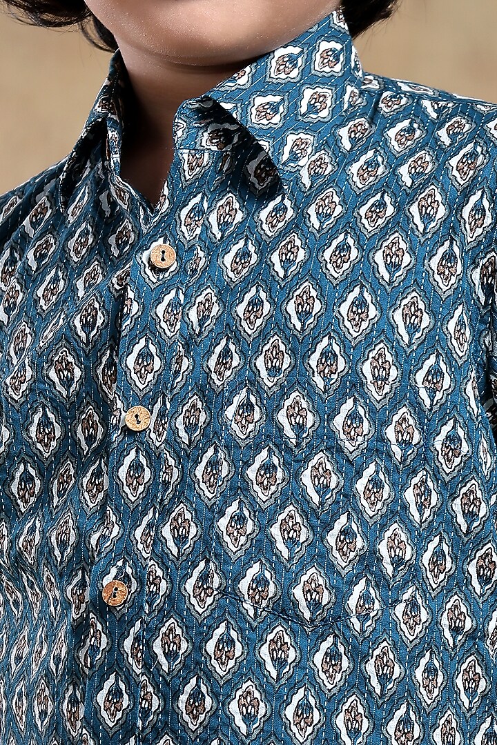 Blue Cotton Hand Block Printed Shirt For Boys by POMCHA at Pernia's Pop Up Shop