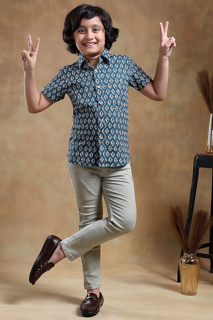 Blue Cotton Hand Block Printed Shirt For Boys by POMCHA at Pernia's Pop Up Shop