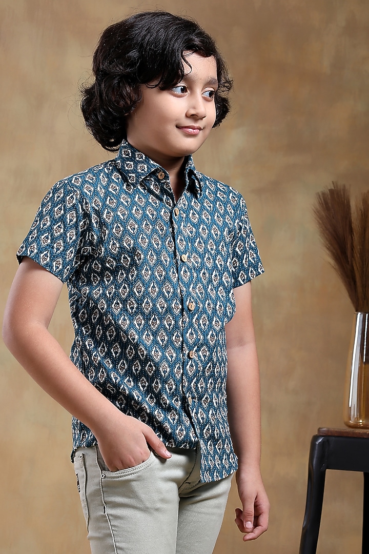 Blue Cotton Hand Block Printed Shirt For Boys by POMCHA at Pernia's Pop Up Shop
