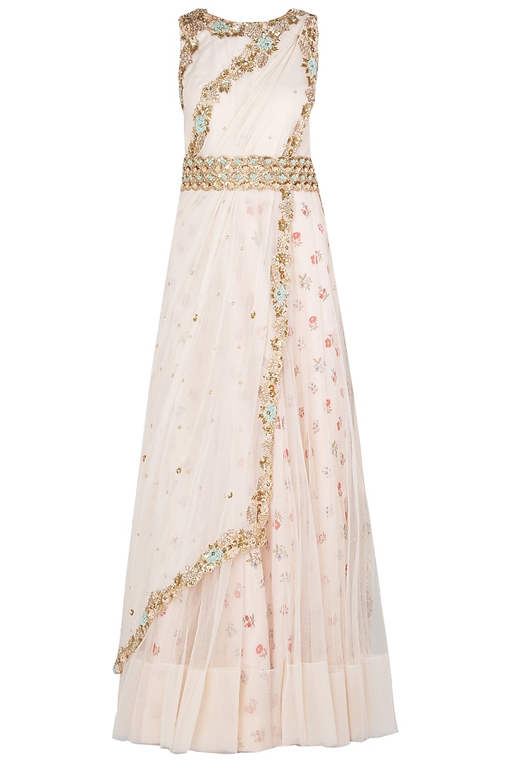 Cream Printed and Embroidered Anarkali Gown by Peppermint Diva