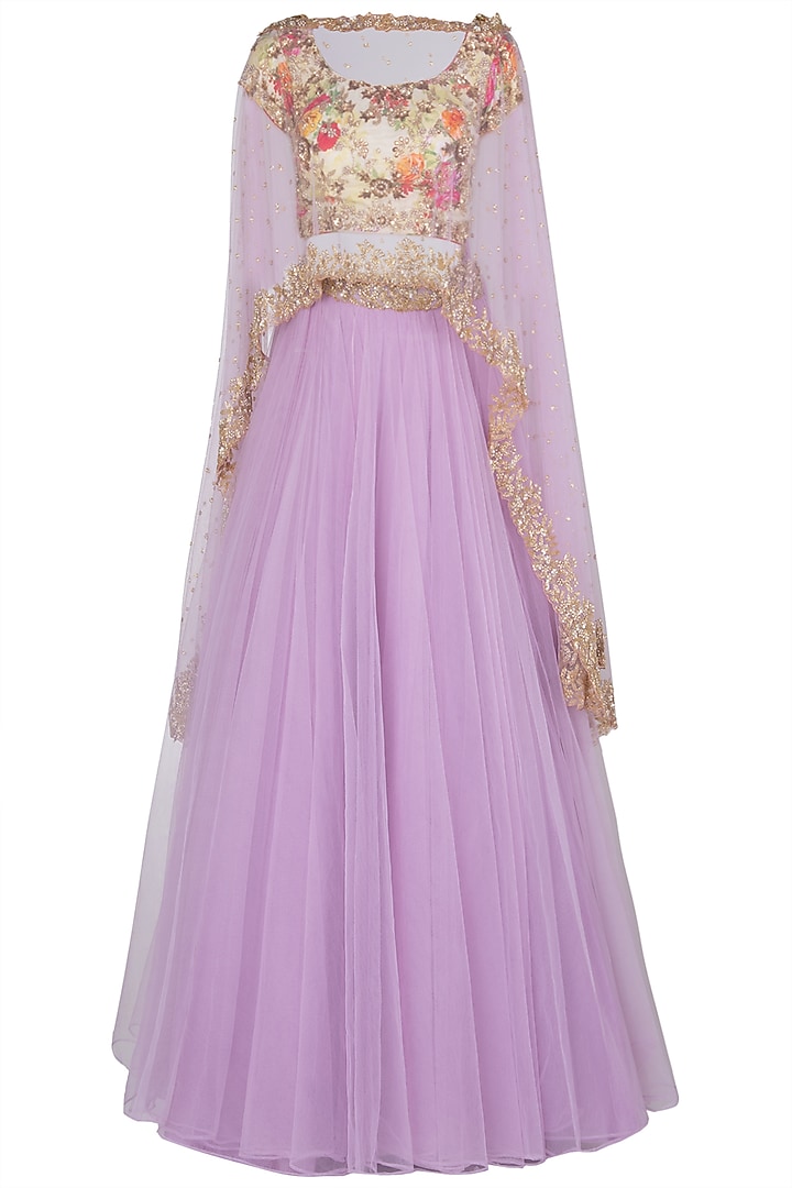 Lavender embroidered cape lehenga set available only at Pernia's Pop Up Shop.