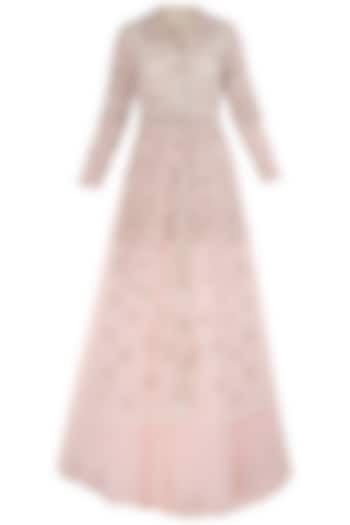 Ice blue embroidered jacket with baby pink lehenga skirt available only at Pernia's Pop Up Shop.