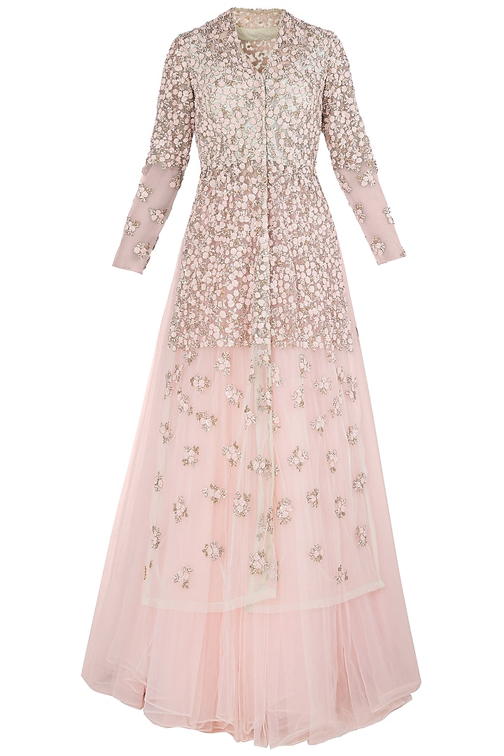 Ice blue embroidered jacket with baby pink lehenga skirt available only at Pernia's Pop Up Shop.