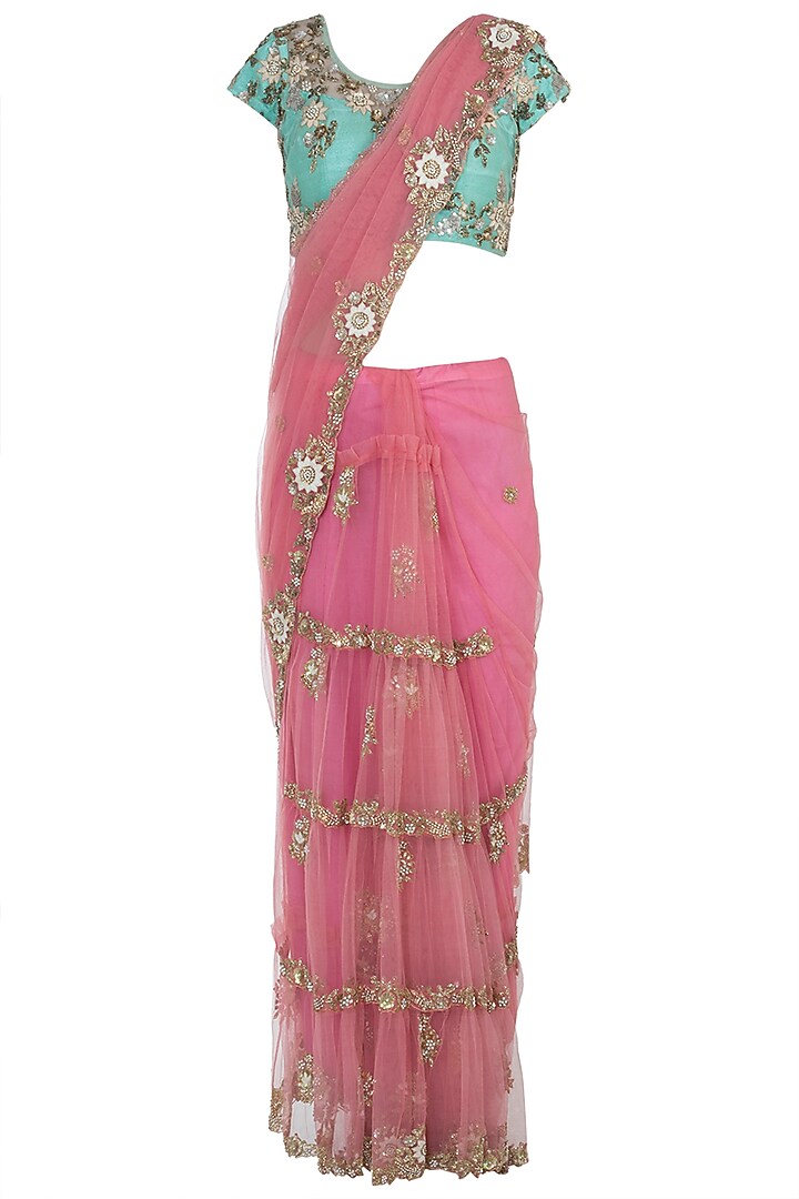 Pink embroidered saree set available only at Pernia's Pop Up Shop.