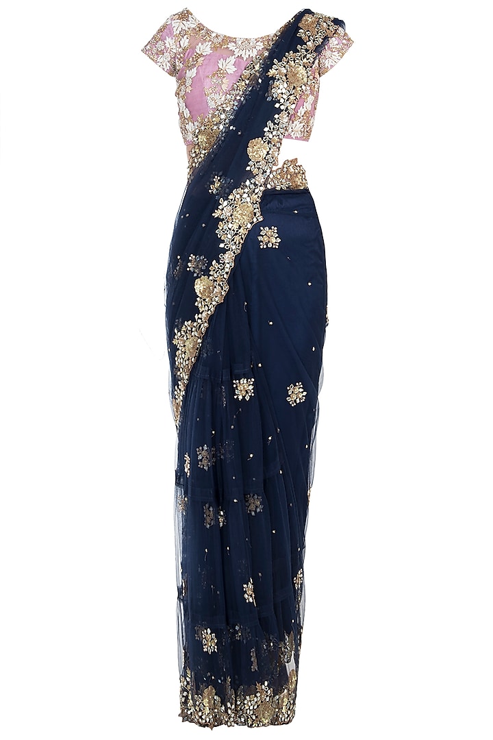 Navy Blue Embroidered Frill Saree Set by Peppermint Diva