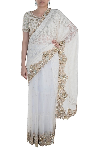 Cream Chikankari Saree Set by Peppermint Diva