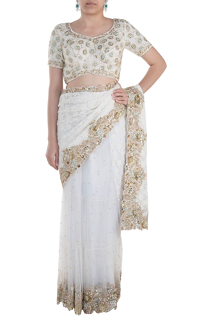 Cream chikankari saree set available only at Pernia's Pop Up Shop.