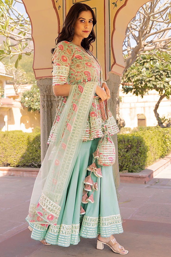 Mint Green Cotton Sharara Set by Pomcha Jaipur