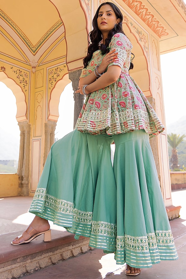 Mint Green Cotton Sharara Set by Pomcha Jaipur at Pernia's Pop Up Shop