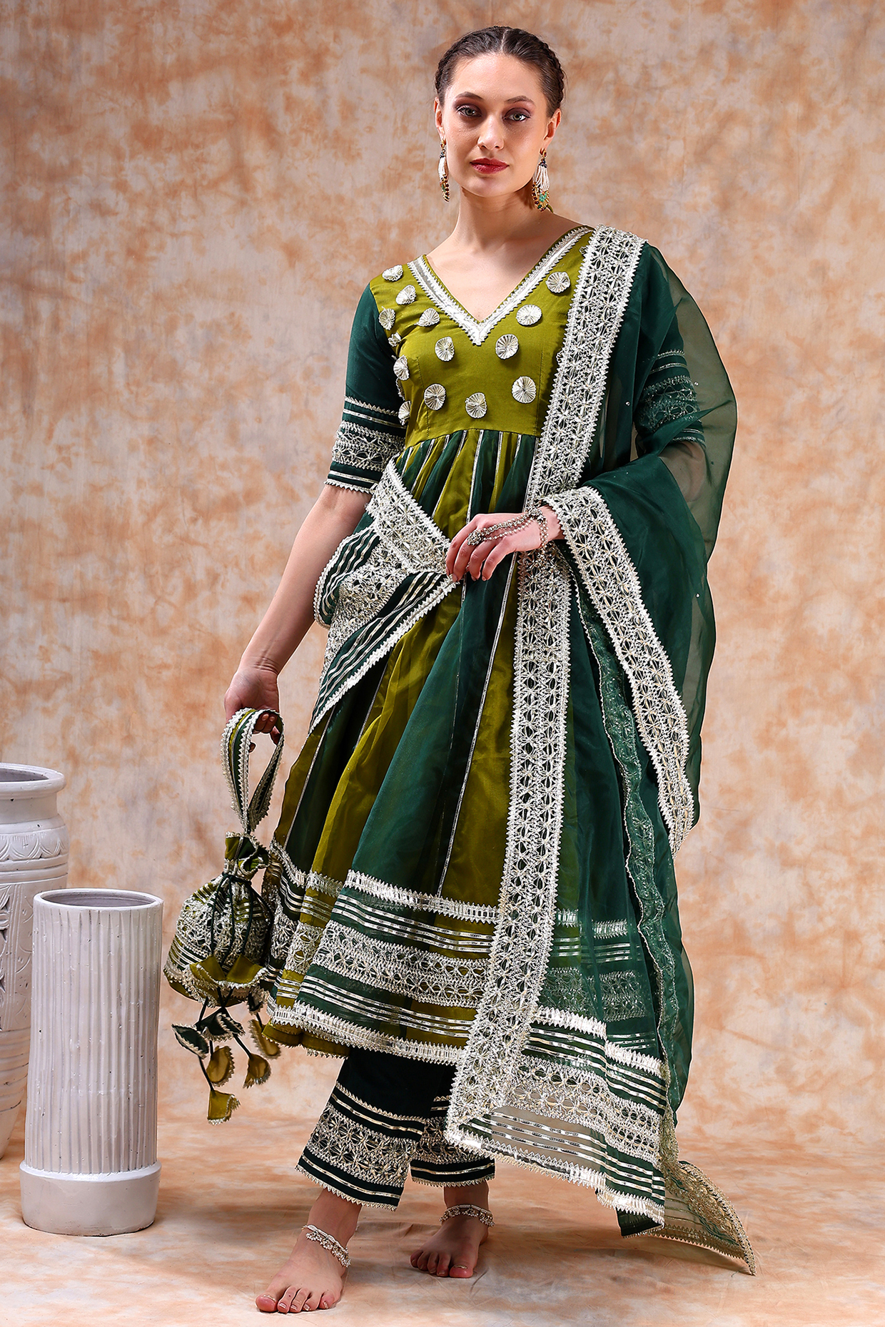 Green Organza Gota Work Party Wear Anarkali Set by Pomcha Jaipur at Pernia's Pop Up Shop