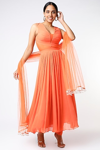 Tangerine Georgette Anarkali Set by PNA BY PRAGATI ARORA