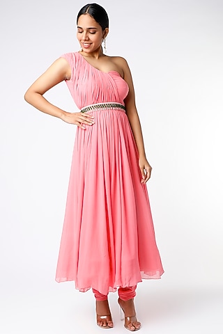 Pink One-Shoulder Anarkali Set by PNA BY PRAGATI ARORA