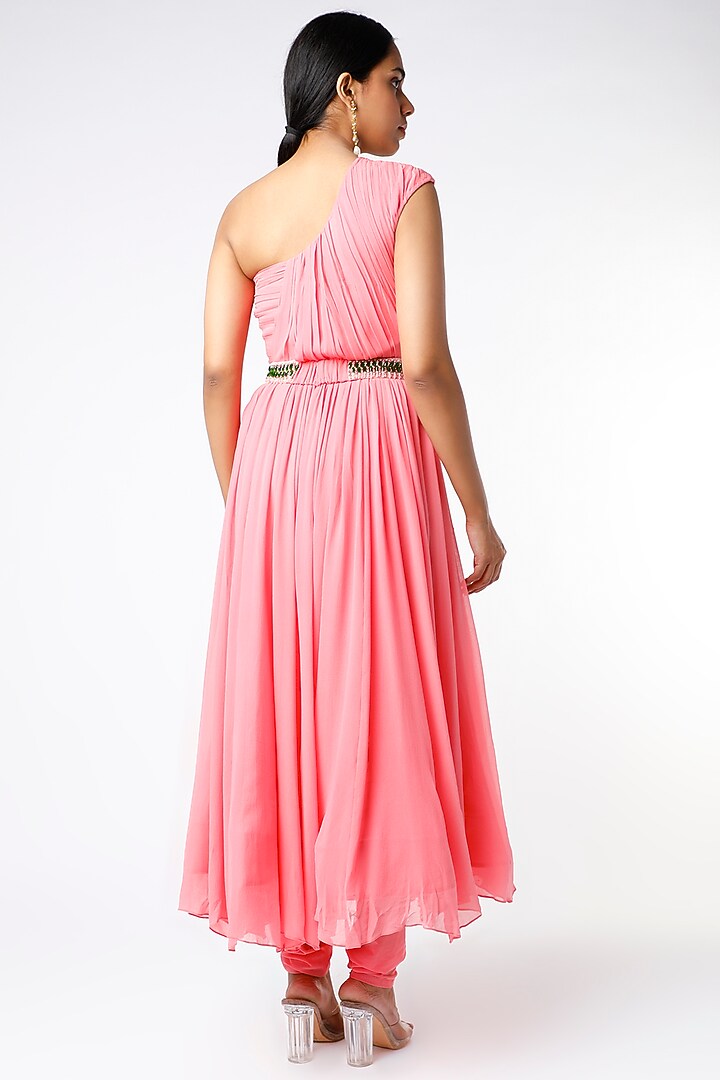 Pink One-Shoulder Party Wear Anarkali Set by PNA BY PRAGATI ARORA at Pernia's Pop Up Shop