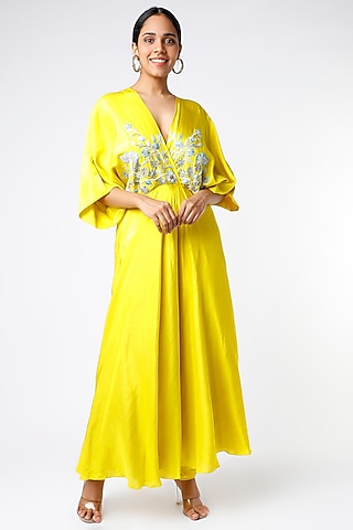 Yellow Embroidered Kimono Anarkali Set by PNA BY PRAGATI ARORA