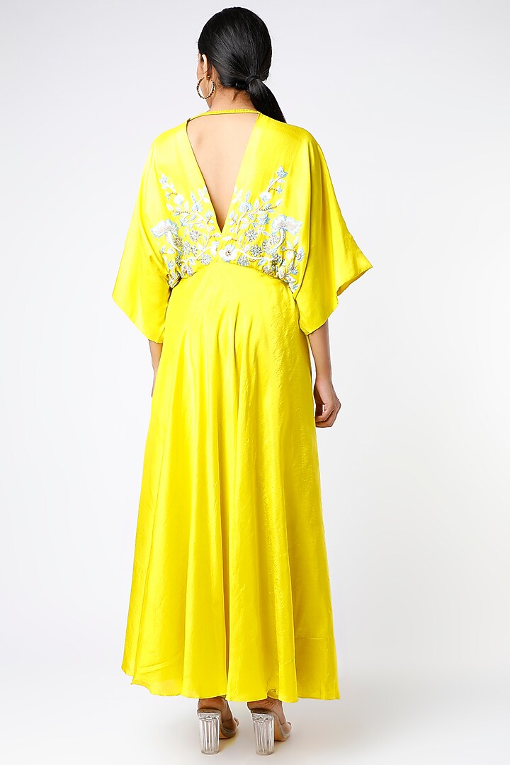 Yellow Embroidered Kimono Wedding Anarkali Set by PNA BY PRAGATI ARORA at Pernia's Pop Up Shop