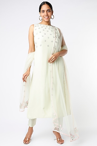 Mint Green Sequins Embroidered Kurta Set by PNA BY PRAGATI ARORA