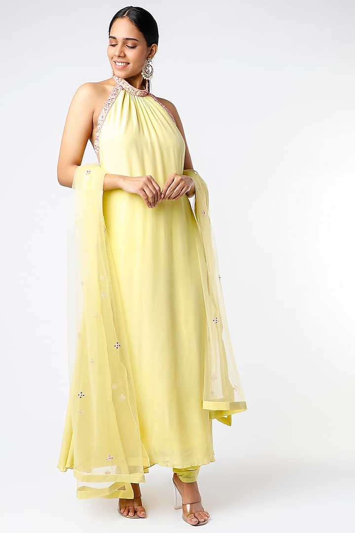 Light Yellow Embroidered Flared Kurta Set by PNA BY PRAGATI ARORA