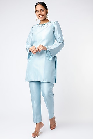 Light Blue Embroidered Short Kurta Set by PNA BY PRAGATI ARORA
