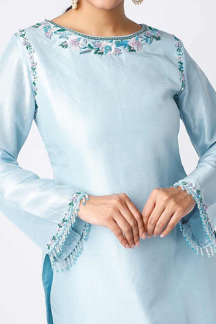 Light Blue Embroidered Short Kurta Set by PNA BY PRAGATI ARORA at Pernia's Pop Up Shop