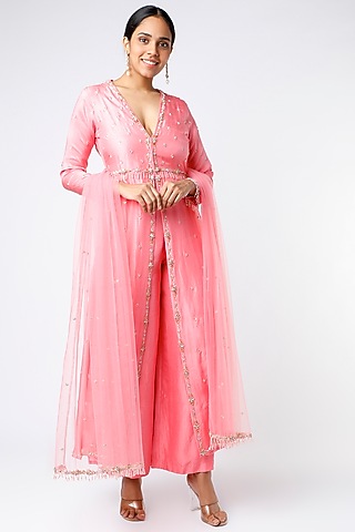 Pink Embroidered Kurta Set by PNA BY PRAGATI ARORA