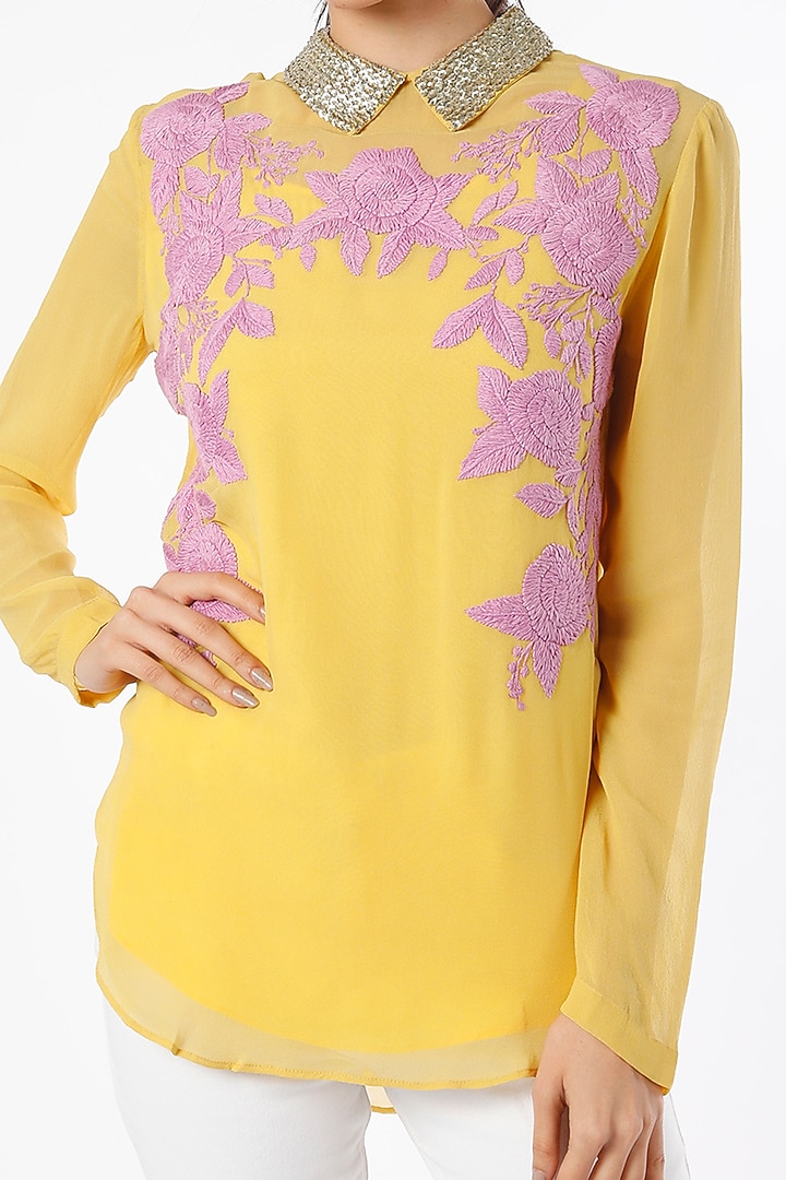 Yellow Dupion Top by Pankaj & Nidhi at Pernia's Pop Up Shop