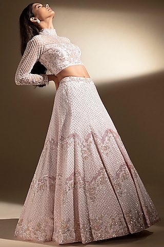 Powder Pink Organza Embroidered Lehenga Set by PANIHARI