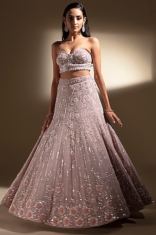 Dusty Blush Organza Embroidered Lehenga Set by PANIHARI