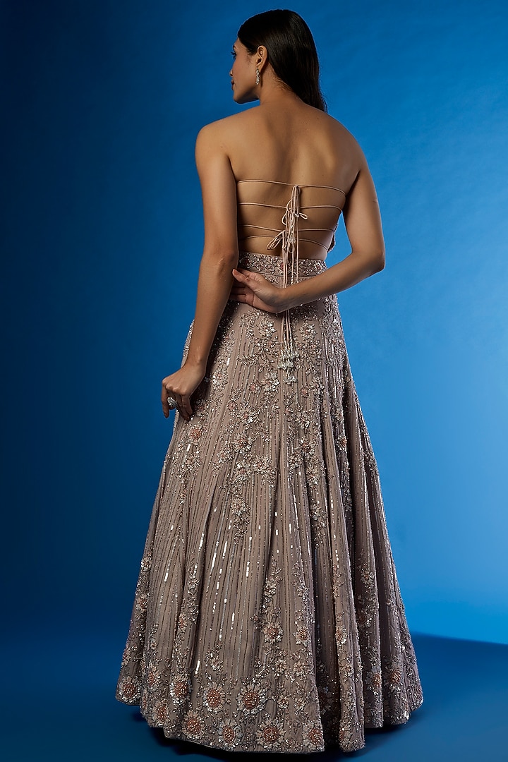 Dusty Blush Organza Embroidered Wedding Lehenga Set by PANIHARI at Pernia's Pop Up Shop