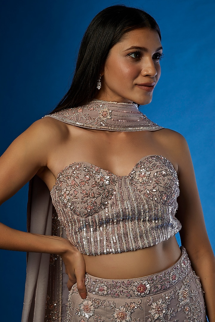 Dusty Blush Organza Embroidered Wedding Lehenga Set by PANIHARI at Pernia's Pop Up Shop